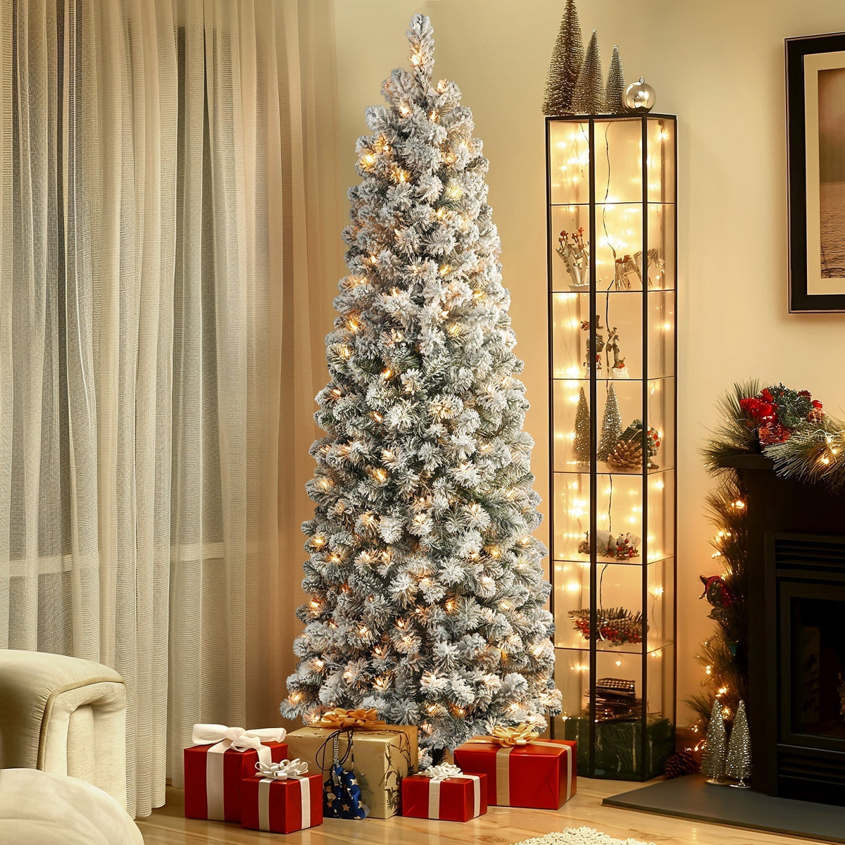 4.5ft Prelit Warm White Lights Snow Flocked Artificial Hinged Slim Pencil Christmas Tree