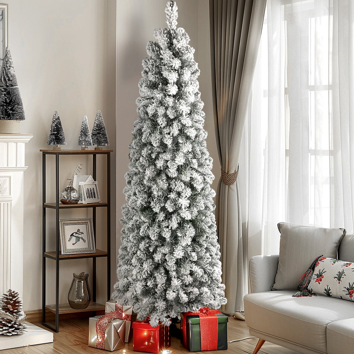 4.5ft Prelit Warm White Lights Snow Flocked Artificial Hinged Slim Pencil Christmas Tree